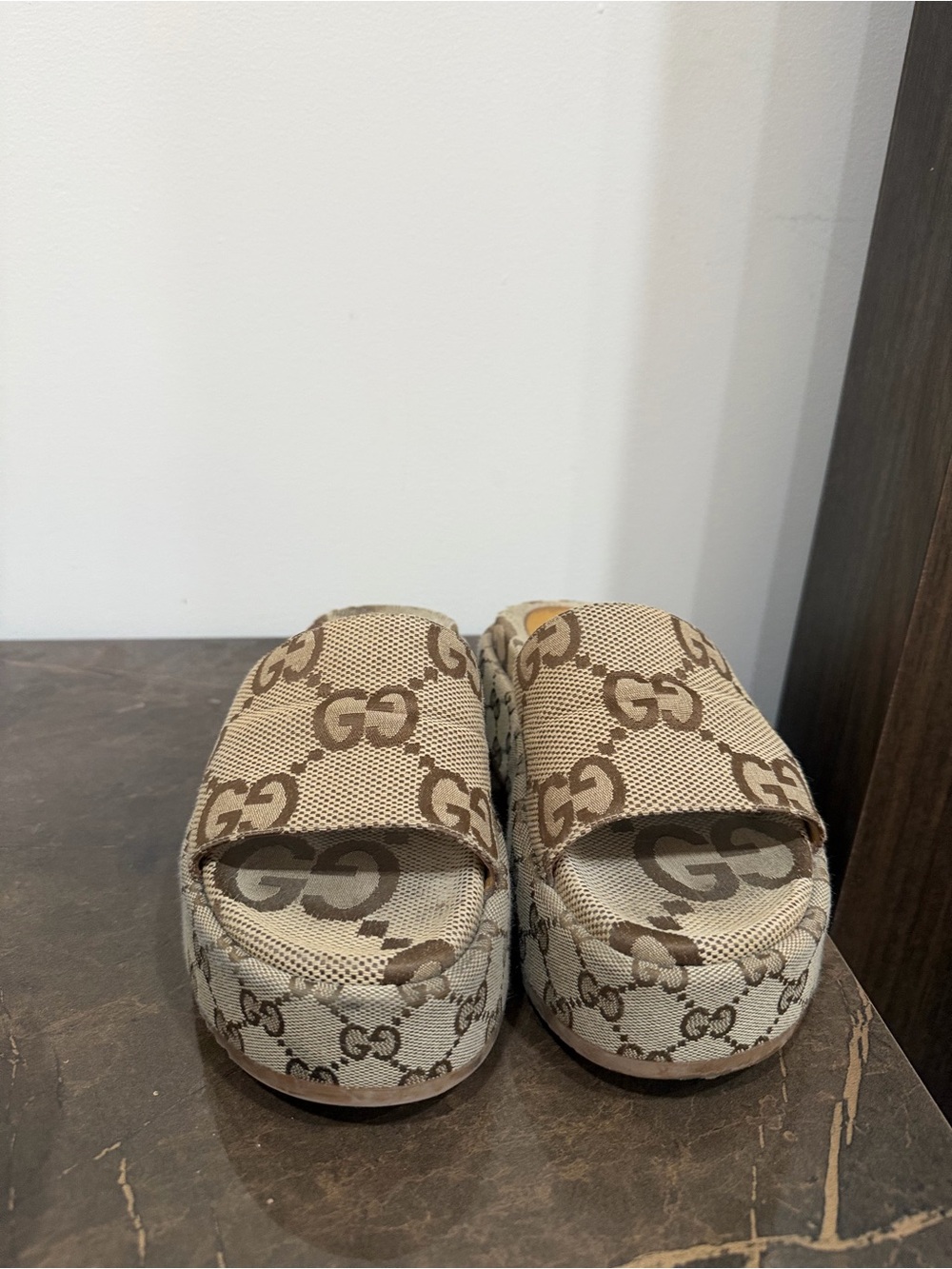 Gucci Beige Brown GG Logo Slide Sandals
